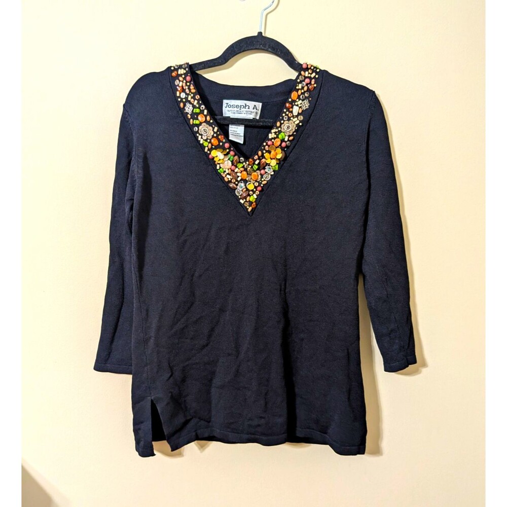 Joseph A Women's Earthy Black Sz L Embellished Beaded V-Neck 3/4 Sleeve